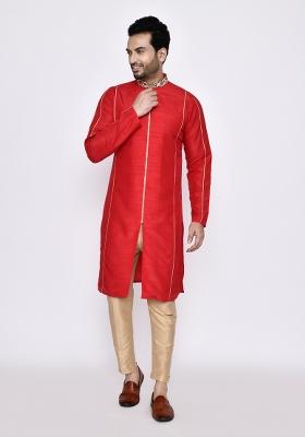 Red Plain Art Silk Kurta Set For Men