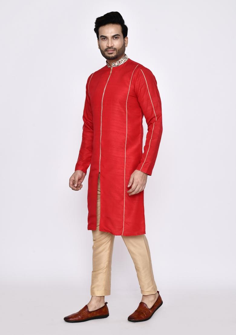 Red Plain Art Silk Kurta Set For Men