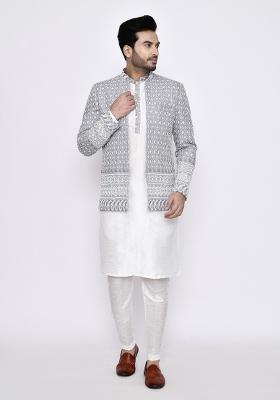 White Plain Art Silk Kurta Set For Men