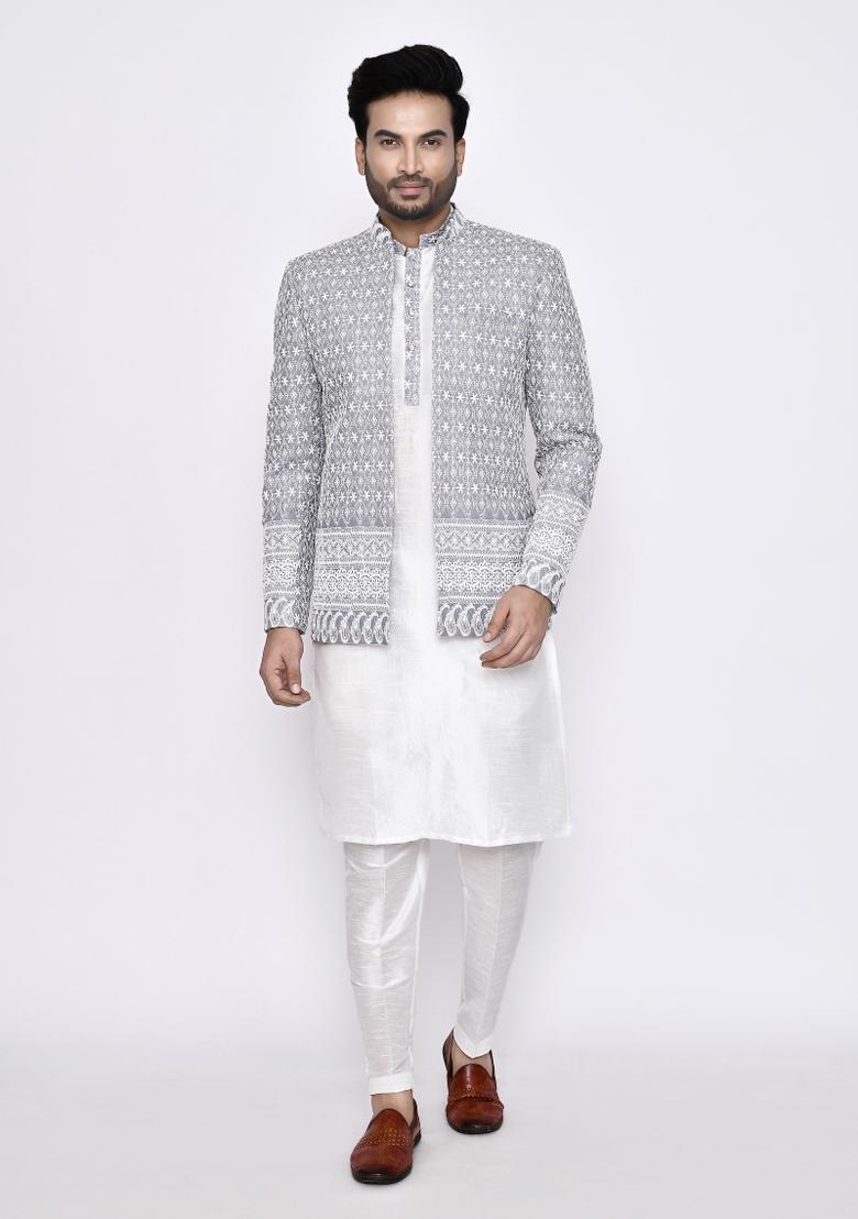 White Plain Art Silk Kurta Set For Men