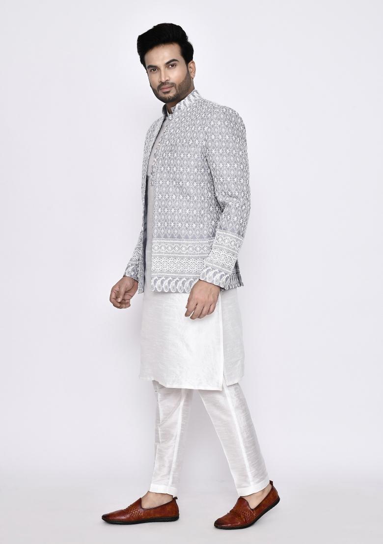 White Plain Art Silk Kurta Set For Men