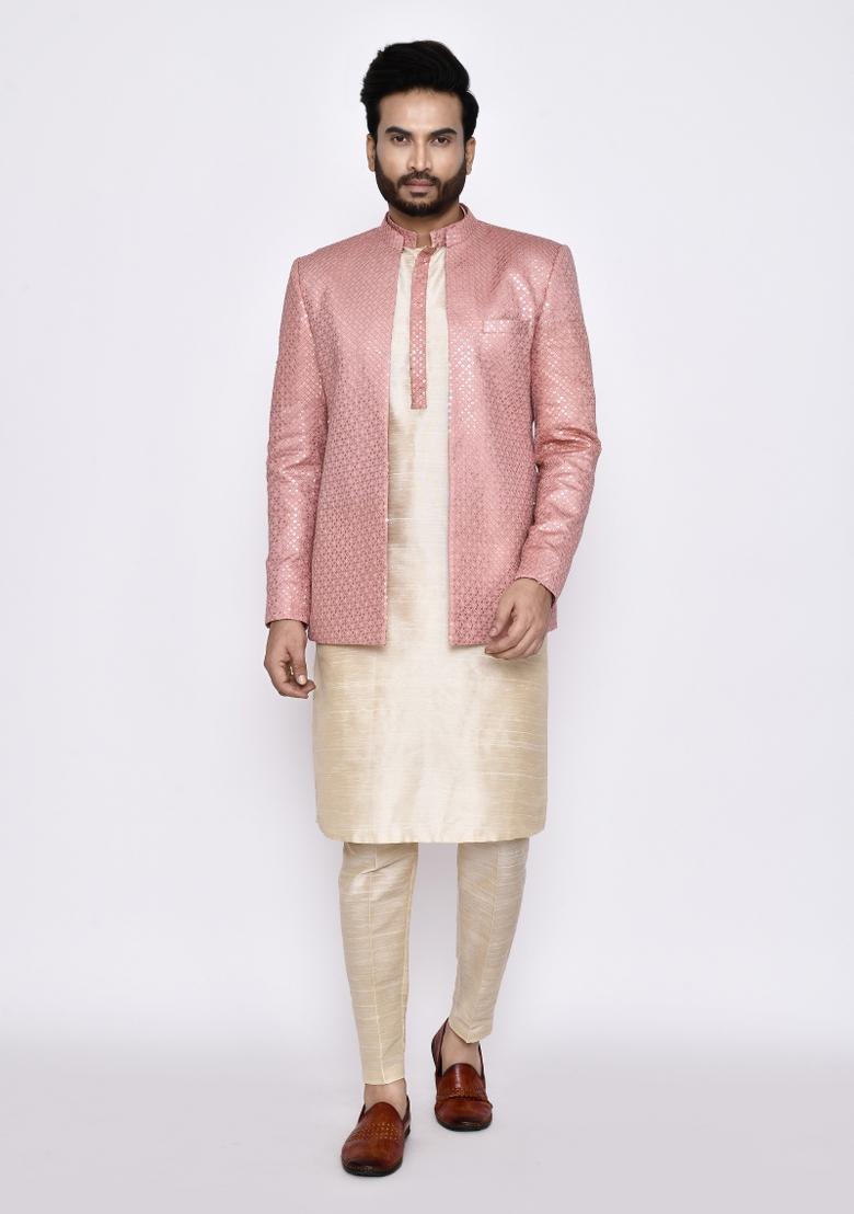 Light Beige Plain Art Silk Kurta Set For Men