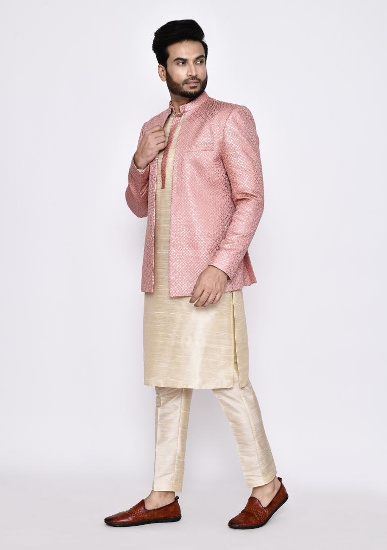 Light Beige Plain Art Silk Kurta Set For Men