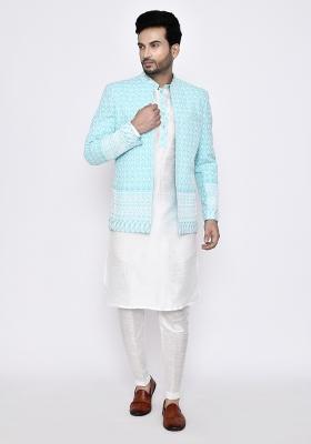 White Plain Art Silk Kurta Set For Men