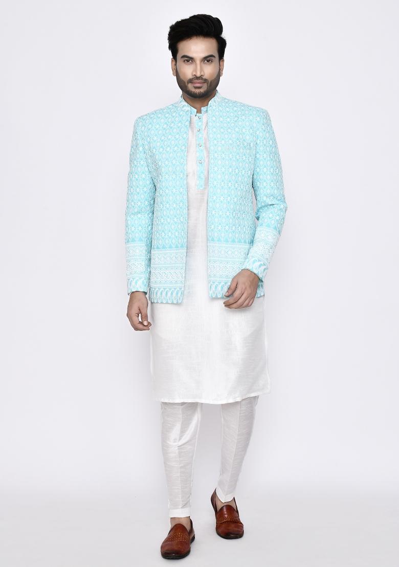 White Plain Art Silk Kurta Set For Men