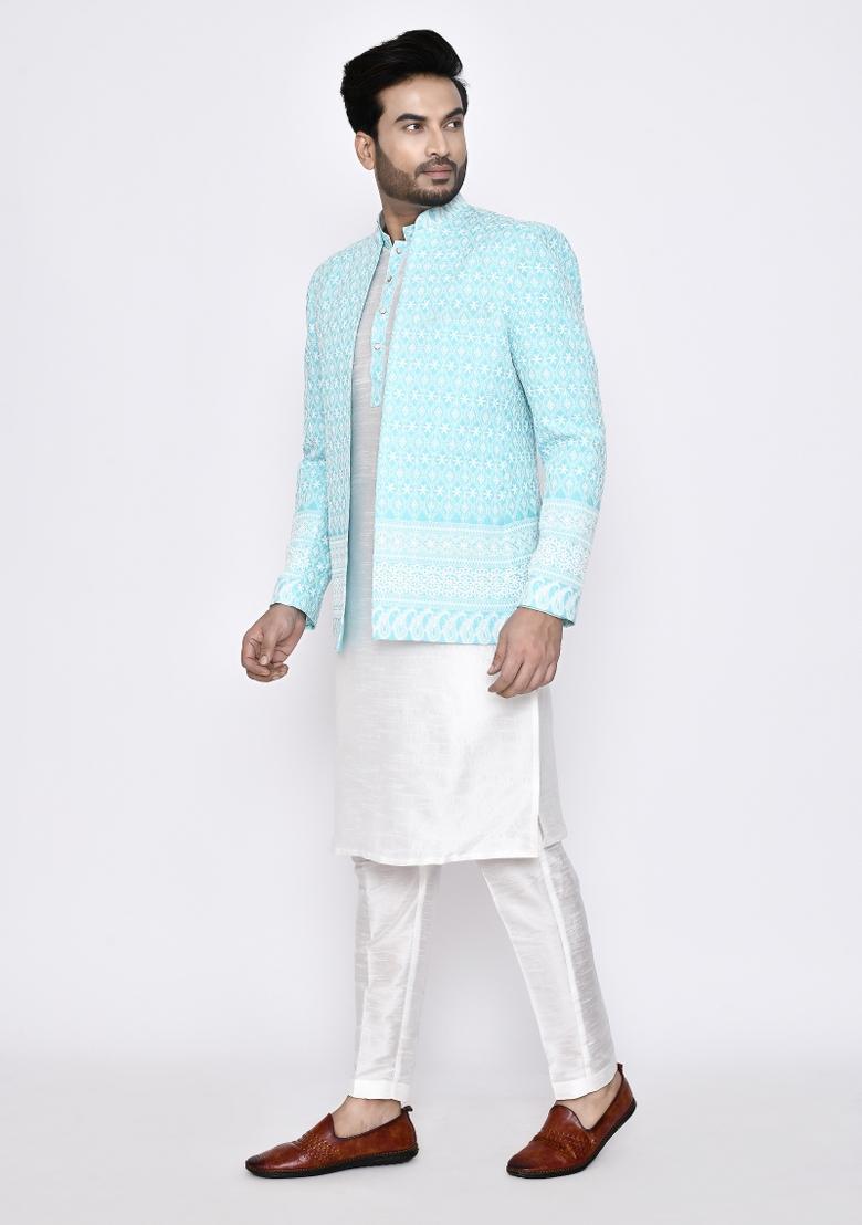 White Plain Art Silk Kurta Set For Men