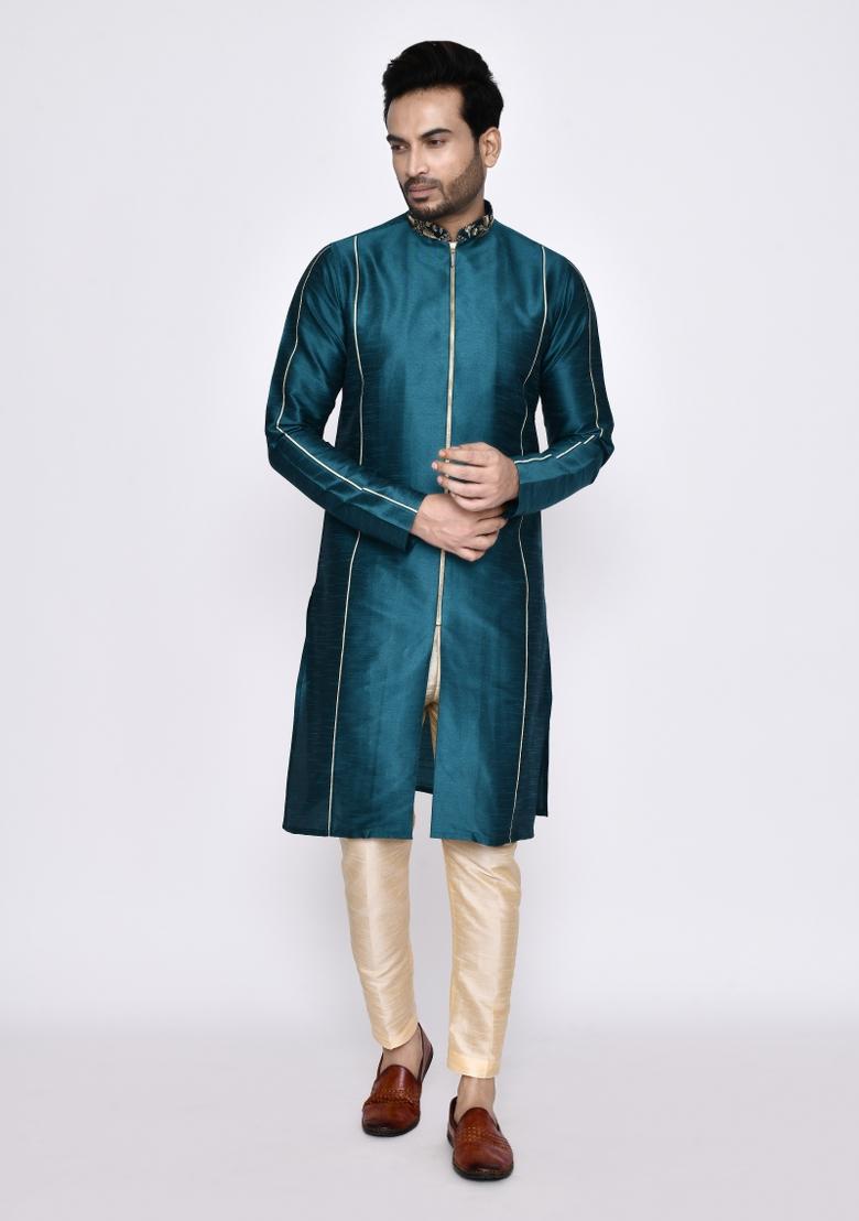 Teal Blue Plain Art Silk Kurta Set For Men