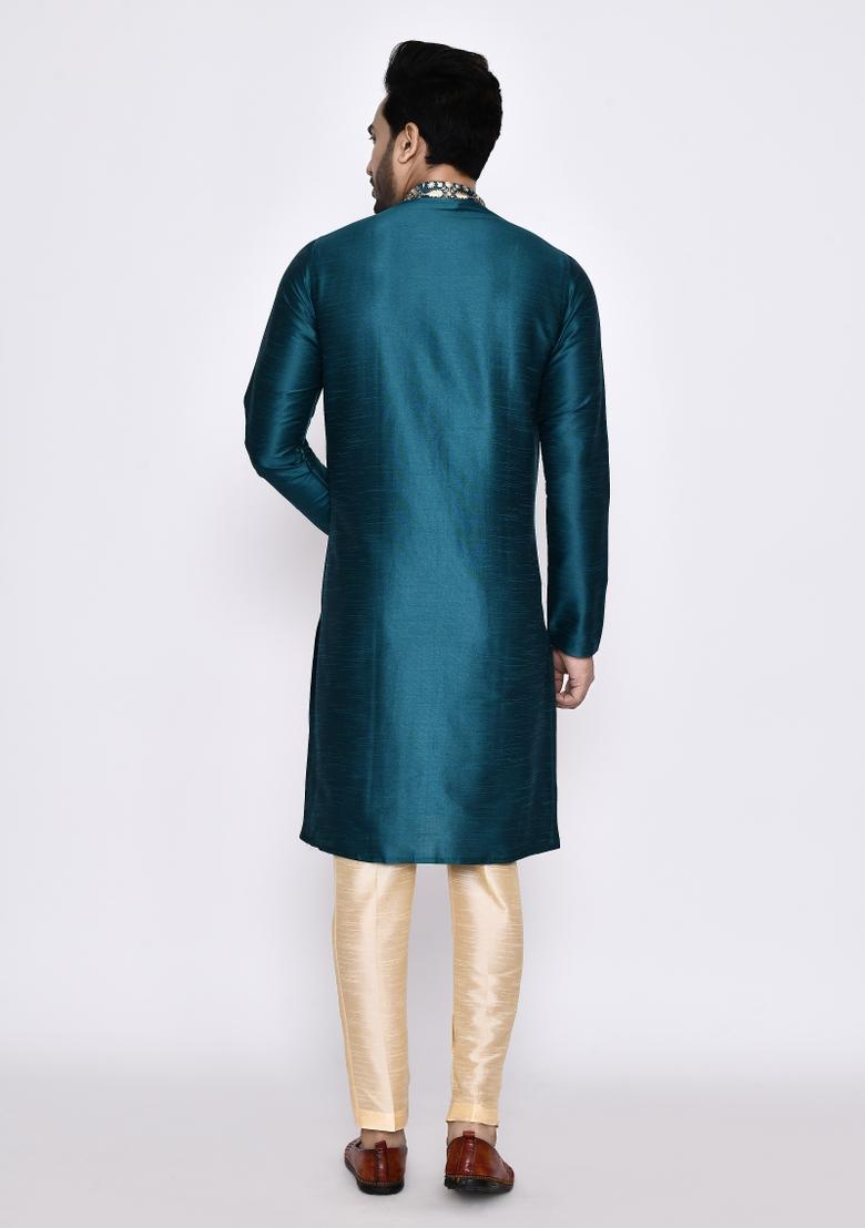 Teal Blue Plain Art Silk Kurta Set For Men