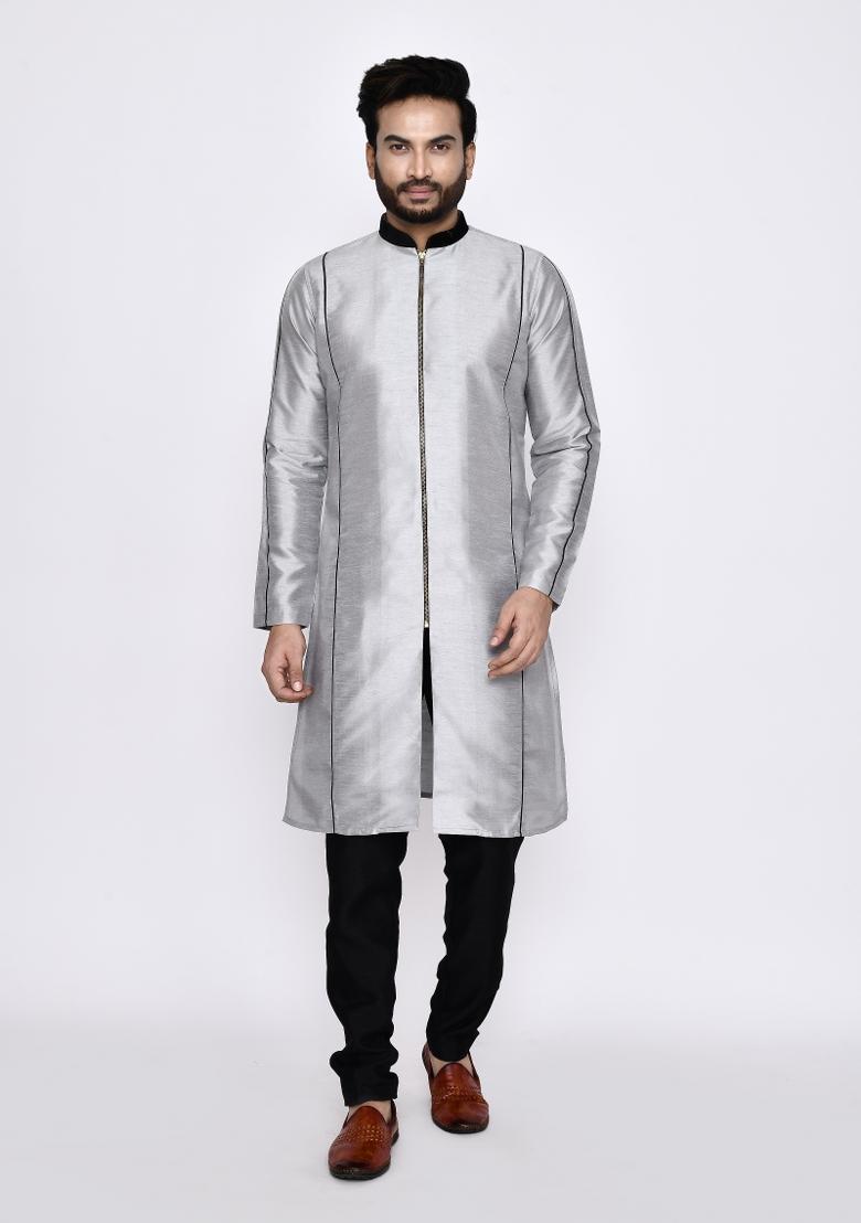 Grey Plain Art Silk Kurta Set For Men