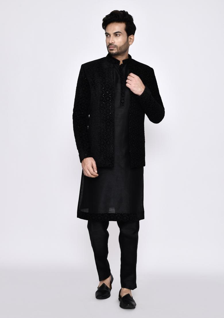 Black Plain Art Silk Kurta Set For Men