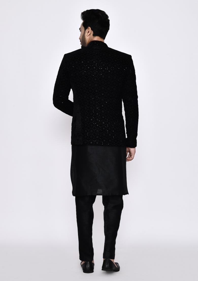 Black Plain Art Silk Kurta Set For Men