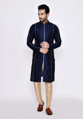 Navy Blue Plain Art Silk Kurta Set For Men
