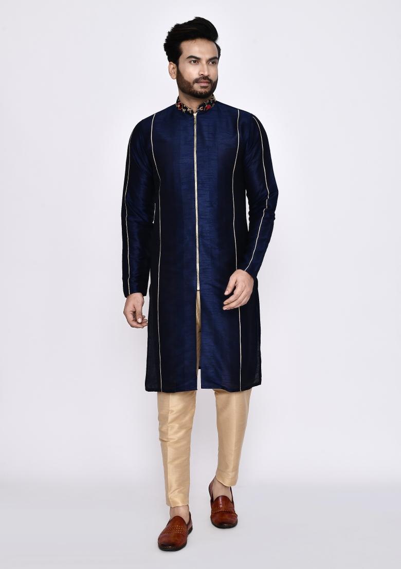 Navy Blue Plain Art Silk Kurta Set For Men