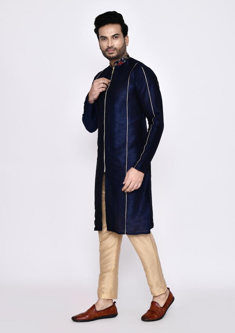 Navy Blue Plain Art Silk Kurta Set For Men