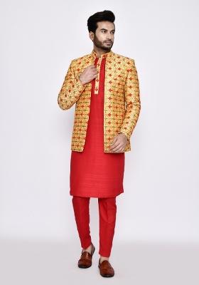Red Plain Art Silk Kurta Set For Men