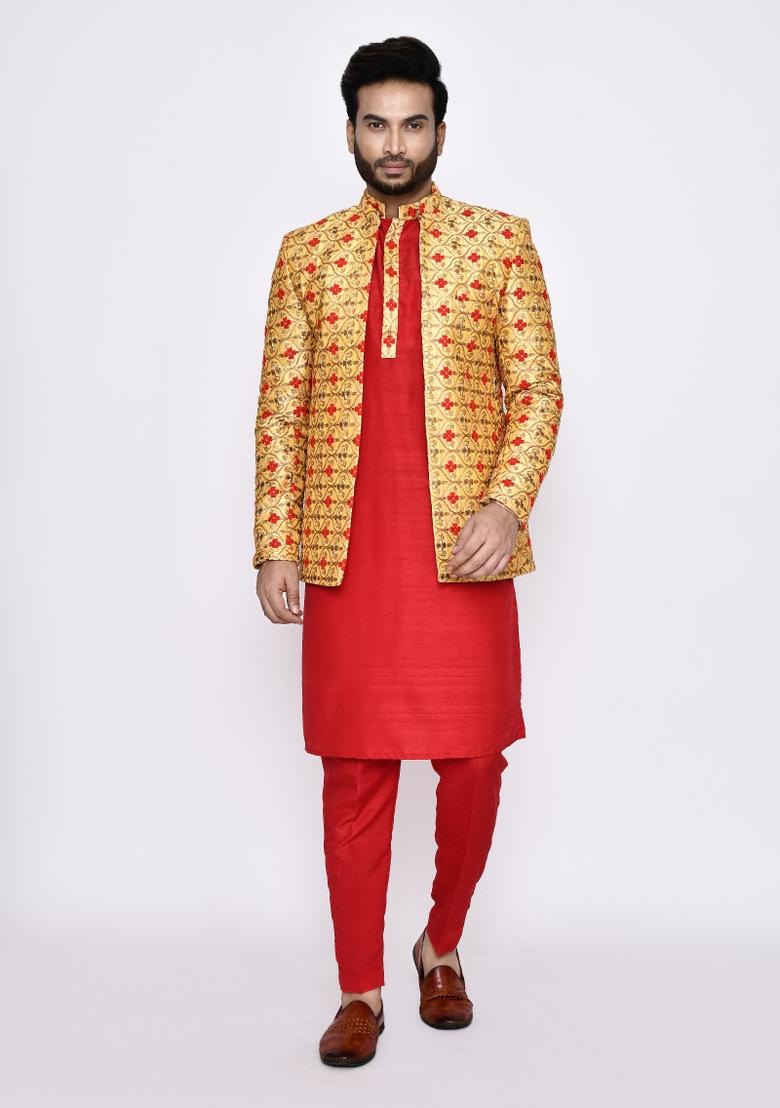 Red Plain Art Silk Kurta Set For Men