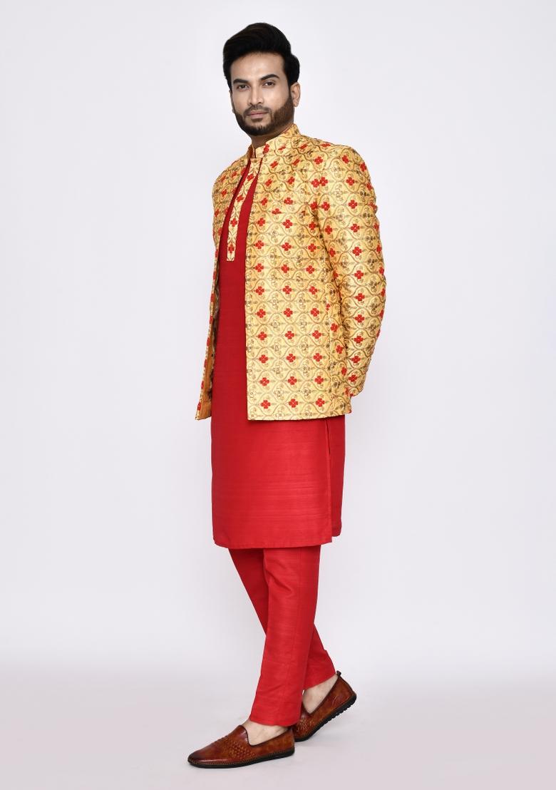 Red Plain Art Silk Kurta Set For Men