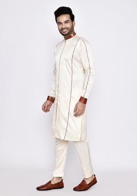Cream Plain Satin Silk Kurta Set For Men