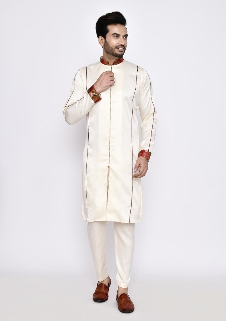Cream Plain Satin Silk Kurta Set For Men