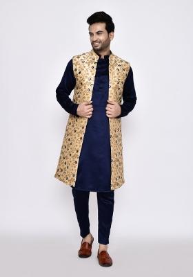 Navy Blue Plain Satin Silk Kurta Set For Men