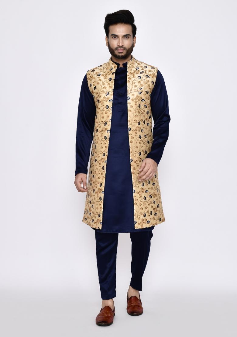 Navy Blue Plain Satin Silk Kurta Set For Men