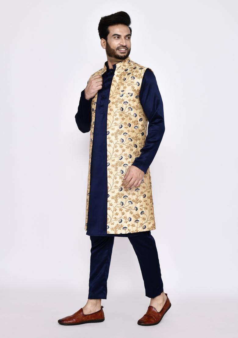 Navy Blue Plain Satin Silk Kurta Set For Men
