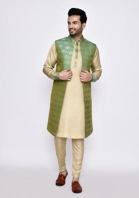 Beige Plain Dola Silk Kurta Set For Men