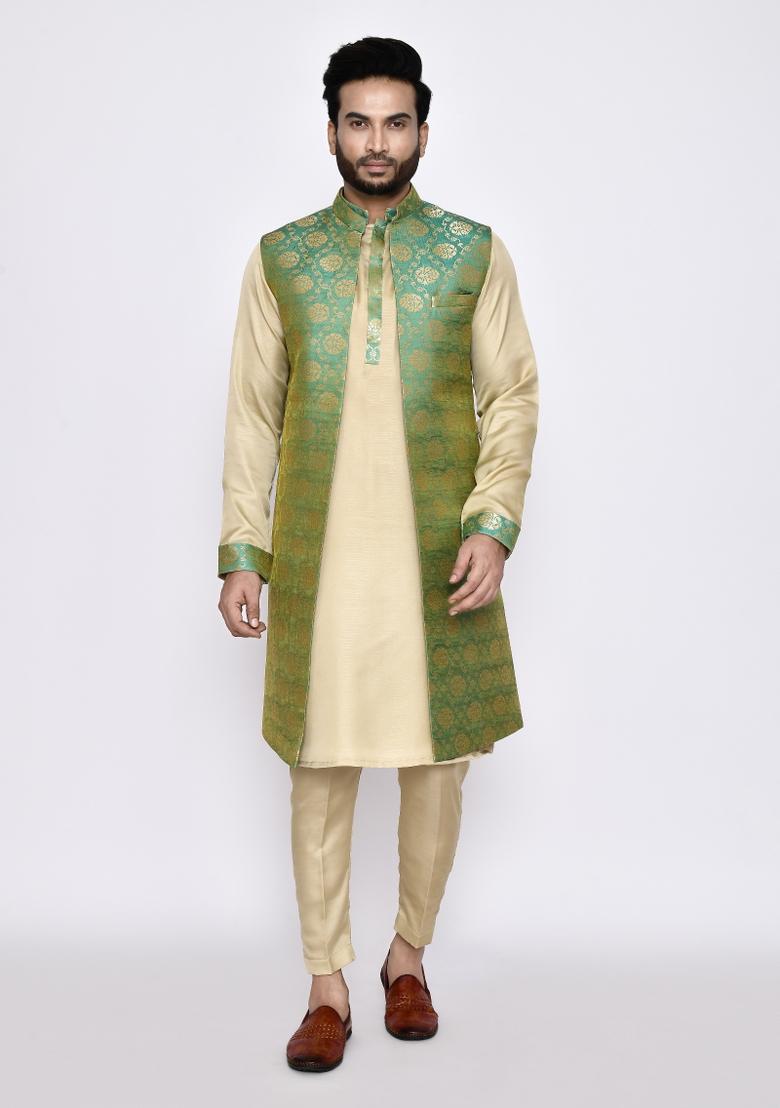 Beige Plain Dola Silk Kurta Set For Men