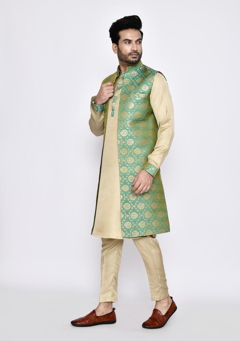 Beige Plain Dola Silk Kurta Set For Men