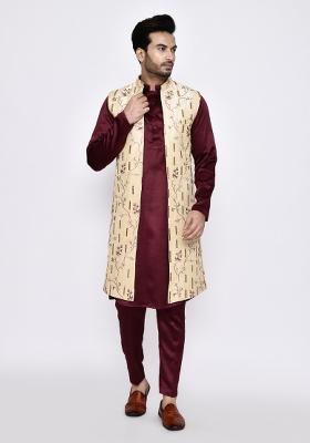 Maroon Plain Satin Silk Kurta Set For Men