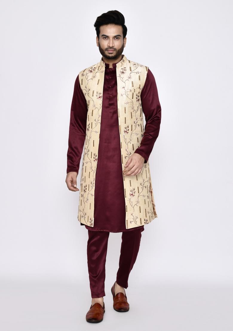 Maroon Plain Satin Silk Kurta Set For Men