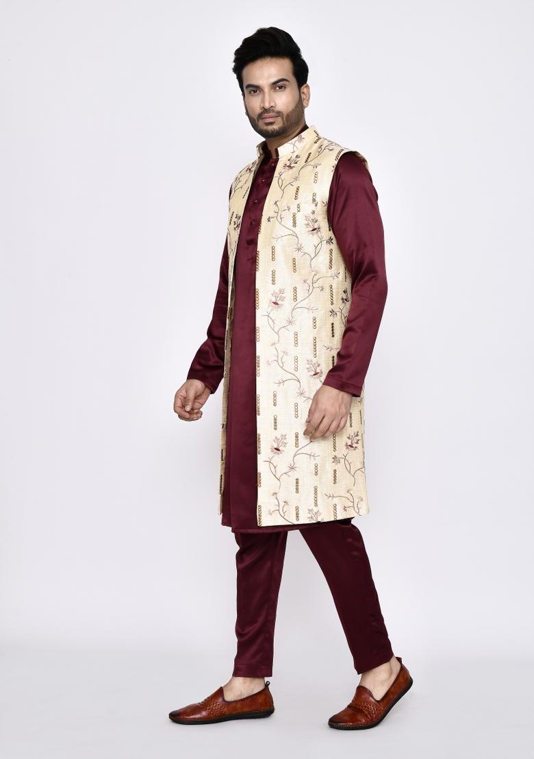Maroon Plain Satin Silk Kurta Set For Men