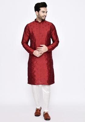 Red Embroidererd Dola Silk Kurta Set For Men
