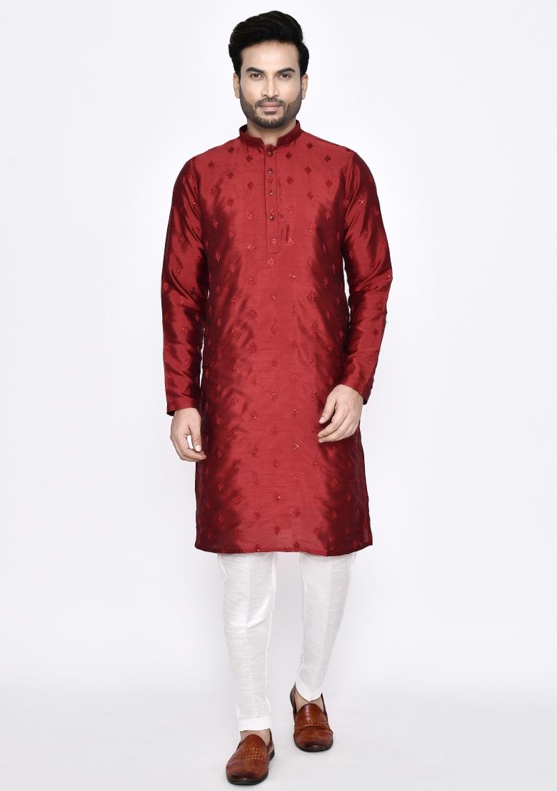 Red Embroidererd Dola Silk Kurta Set For Men