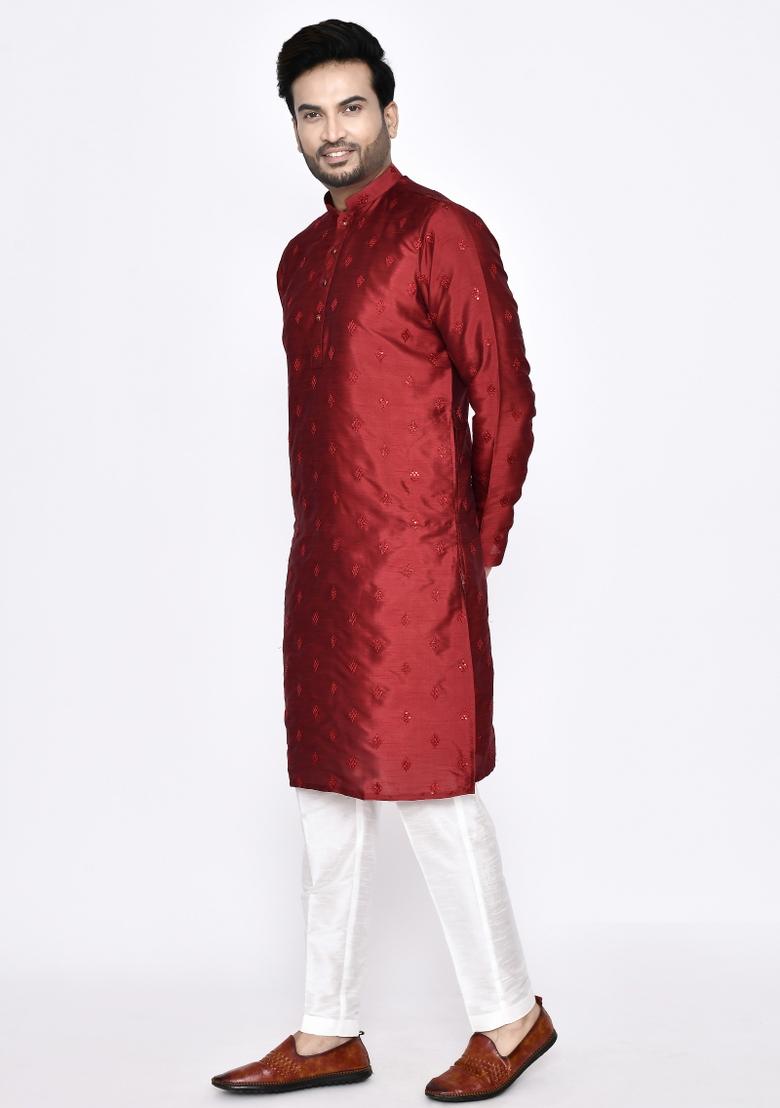 Red Embroidererd Dola Silk Kurta Set For Men