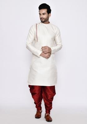 Off White Plain Jacquard Silk Kurta Set For Men