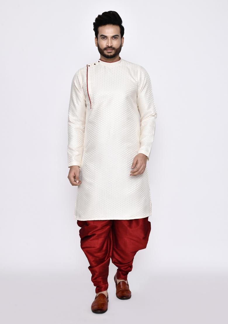 Off White Plain Jacquard Silk Kurta Set For Men