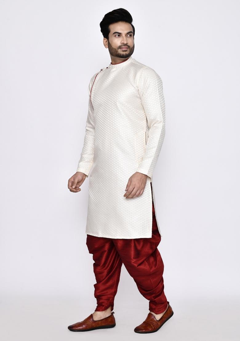 Off White Plain Jacquard Silk Kurta Set For Men