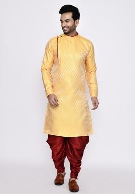 Yellow Plain Jacquard Silk Kurta Set For Men