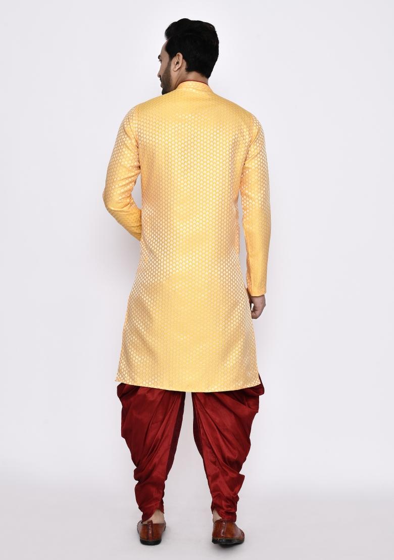 Yellow Plain Jacquard Silk Kurta Set For Men