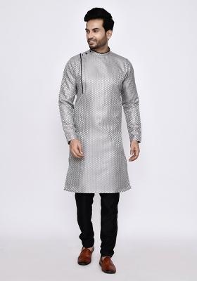 Grey Plain Jacquard Silk Kurta Set For Men