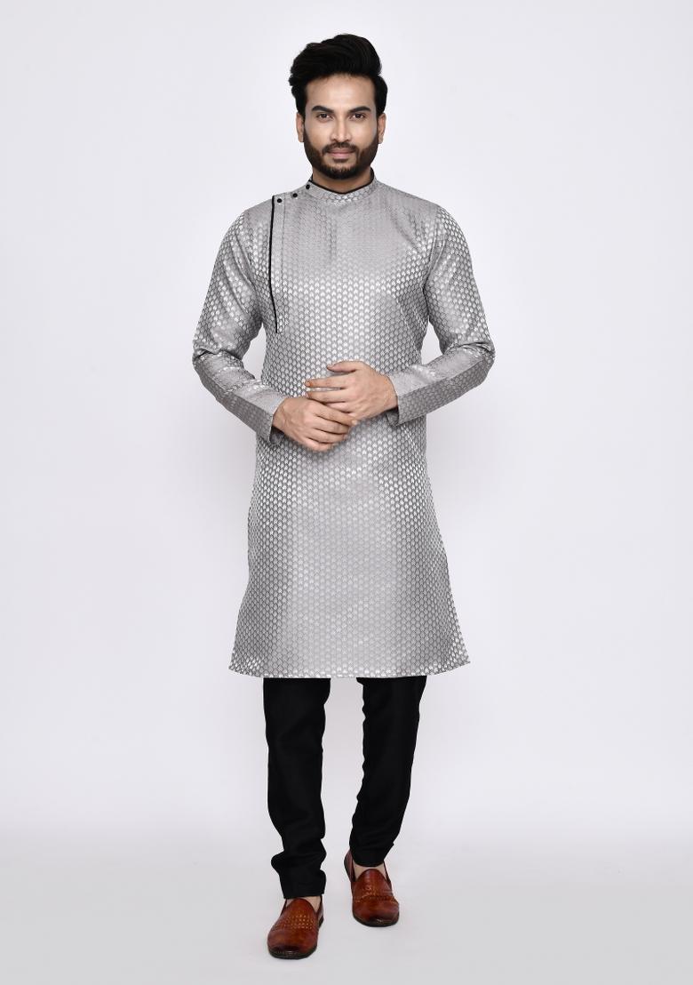 Grey Plain Jacquard Silk Kurta Set For Men