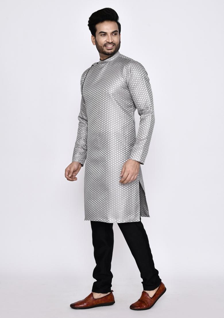Grey Plain Jacquard Silk Kurta Set For Men
