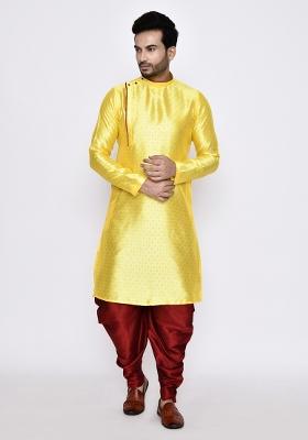 Yellow Plain Jacquard Silk Kurta For Men