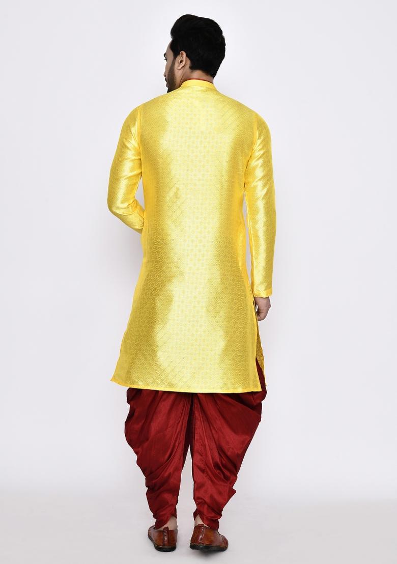 Yellow Plain Jacquard Silk Kurta For Men