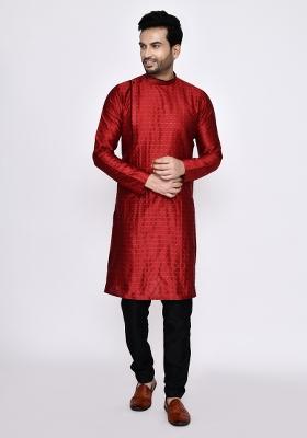 Red Thread Work Cotton Kurta Set For Men