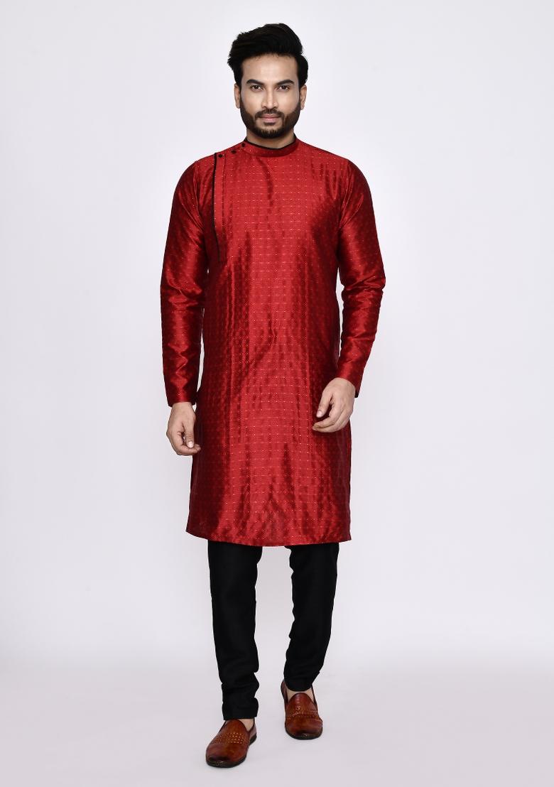Red Thread Work Cotton Kurta Set For Men