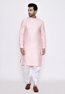 Pink Plain Jacquard Silk Kurta For Men