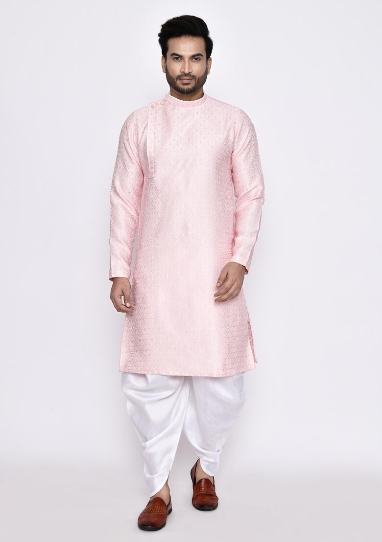 Pink Plain Jacquard Silk Kurta For Men