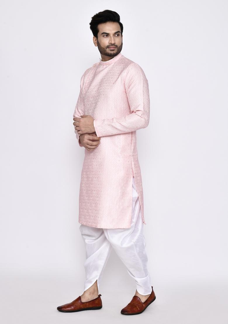 Pink Plain Jacquard Silk Kurta For Men